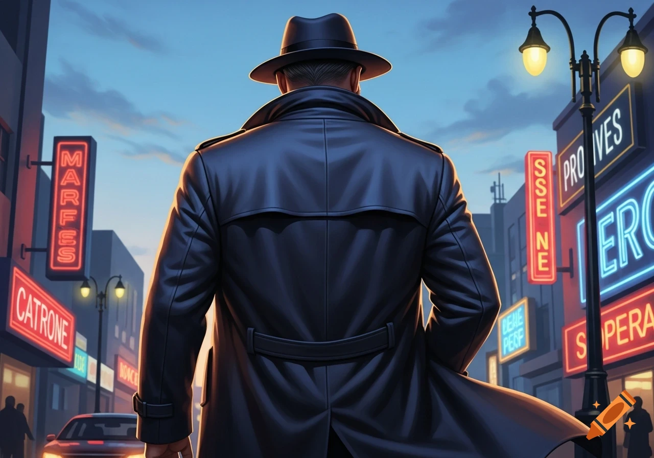 A man in a black trench coat and fedora walks away down a city street at dusk, past glowing neon signs and streetlights.
