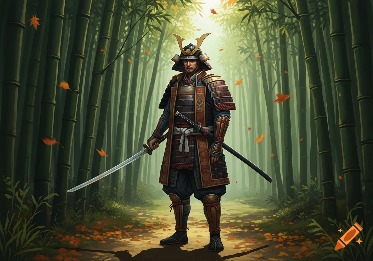 A samurai warrior in full armor stands in a vibrant bamboo forest, holding a katana.