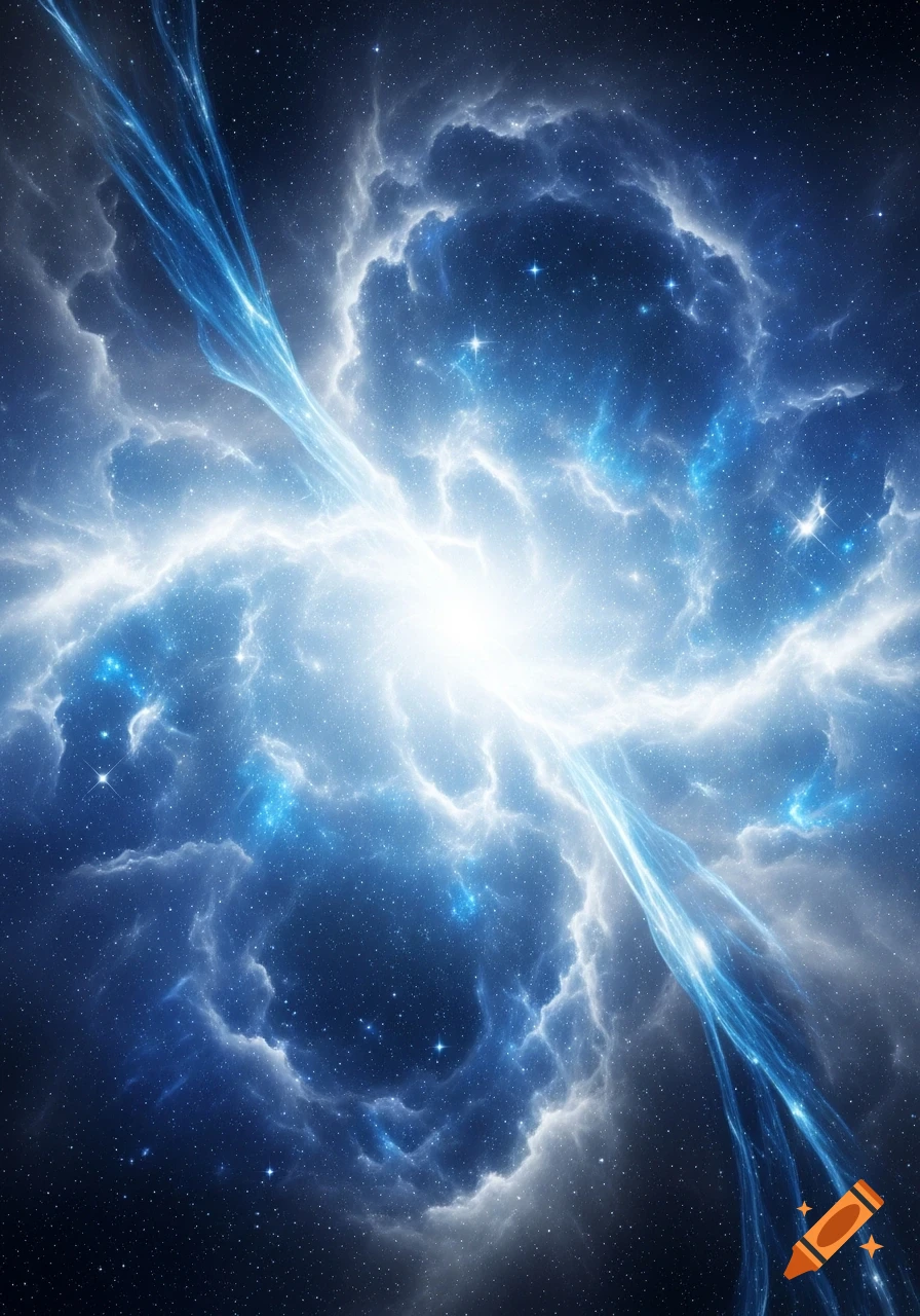 A vibrant blue and white nebula with a bright central light and ethereal gas streams in deep space.