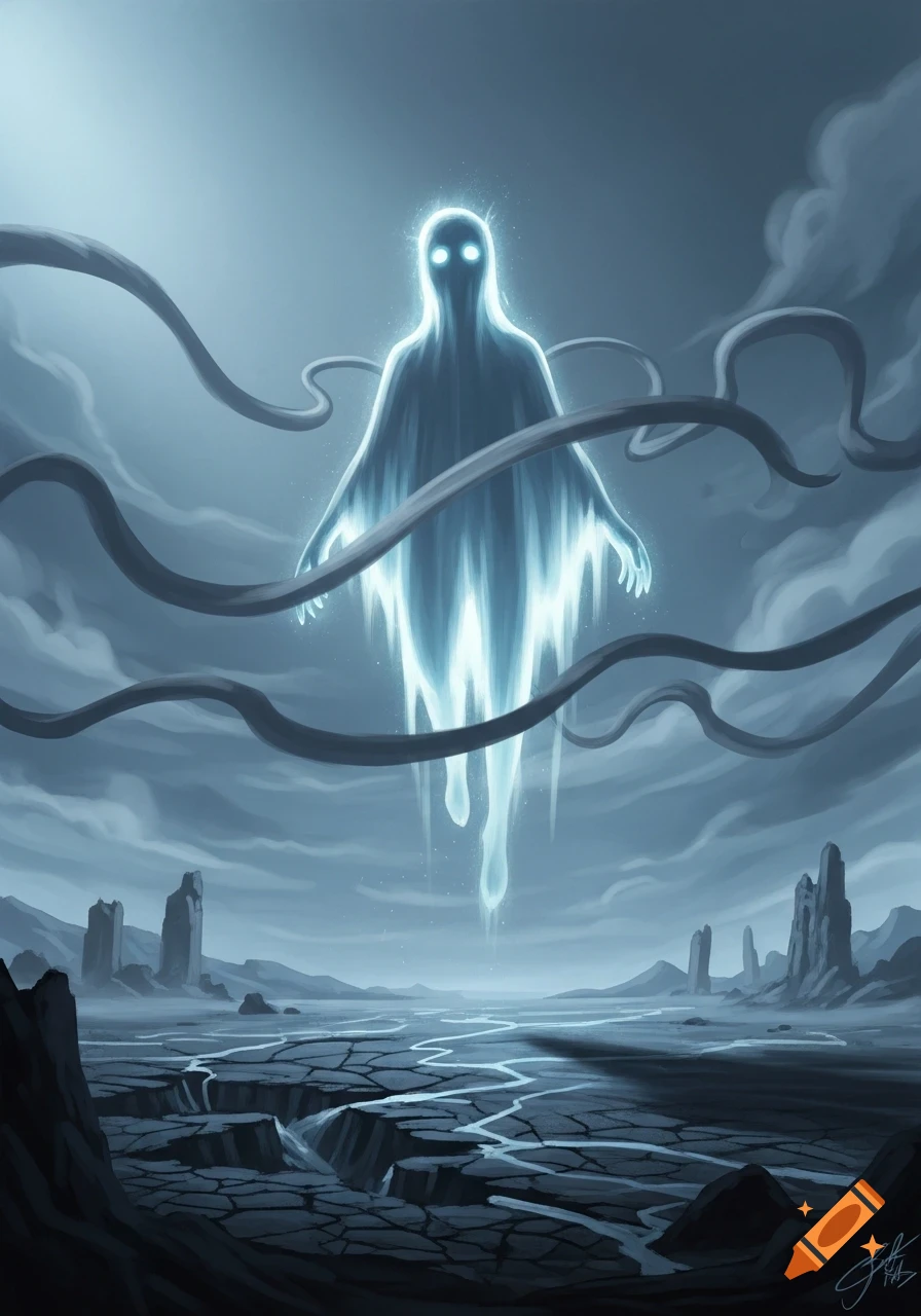 A glowing, spectral figure with bright eyes floats above a cracked, desolate landscape under a cloudy sky, with dark, swirling tendrils.