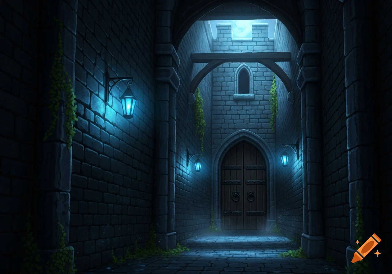 A dark, atmospheric alleyway within an old castle, illuminated by glowing blue lanterns, leading to a large wooden door.
