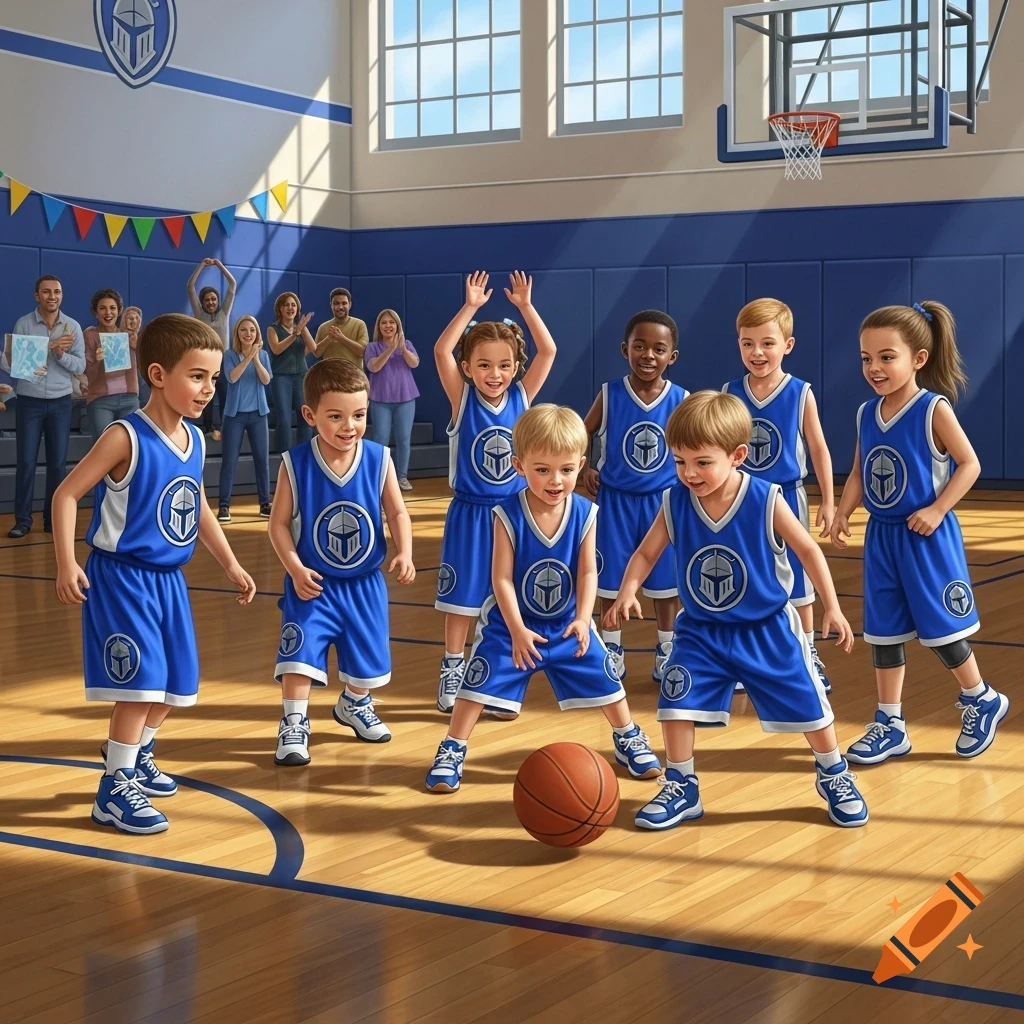 A group of young children in blue basketball uniforms with a shield logo play basketball in a brightly lit gym, while adults watch in the background.
