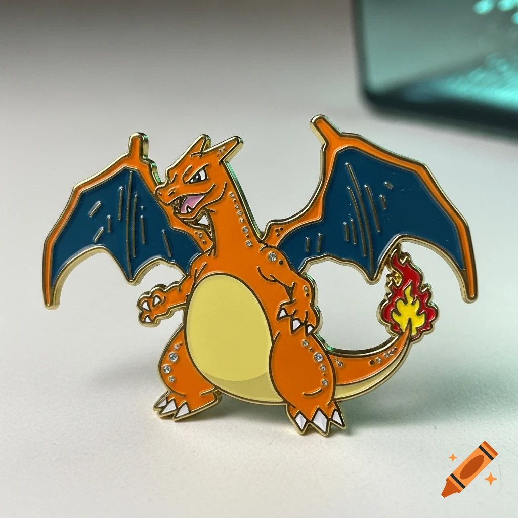 A detailed Charizard enamel pin, orange with blue wings, yellow belly, gold outline, and small rhinestones, on a white surface.