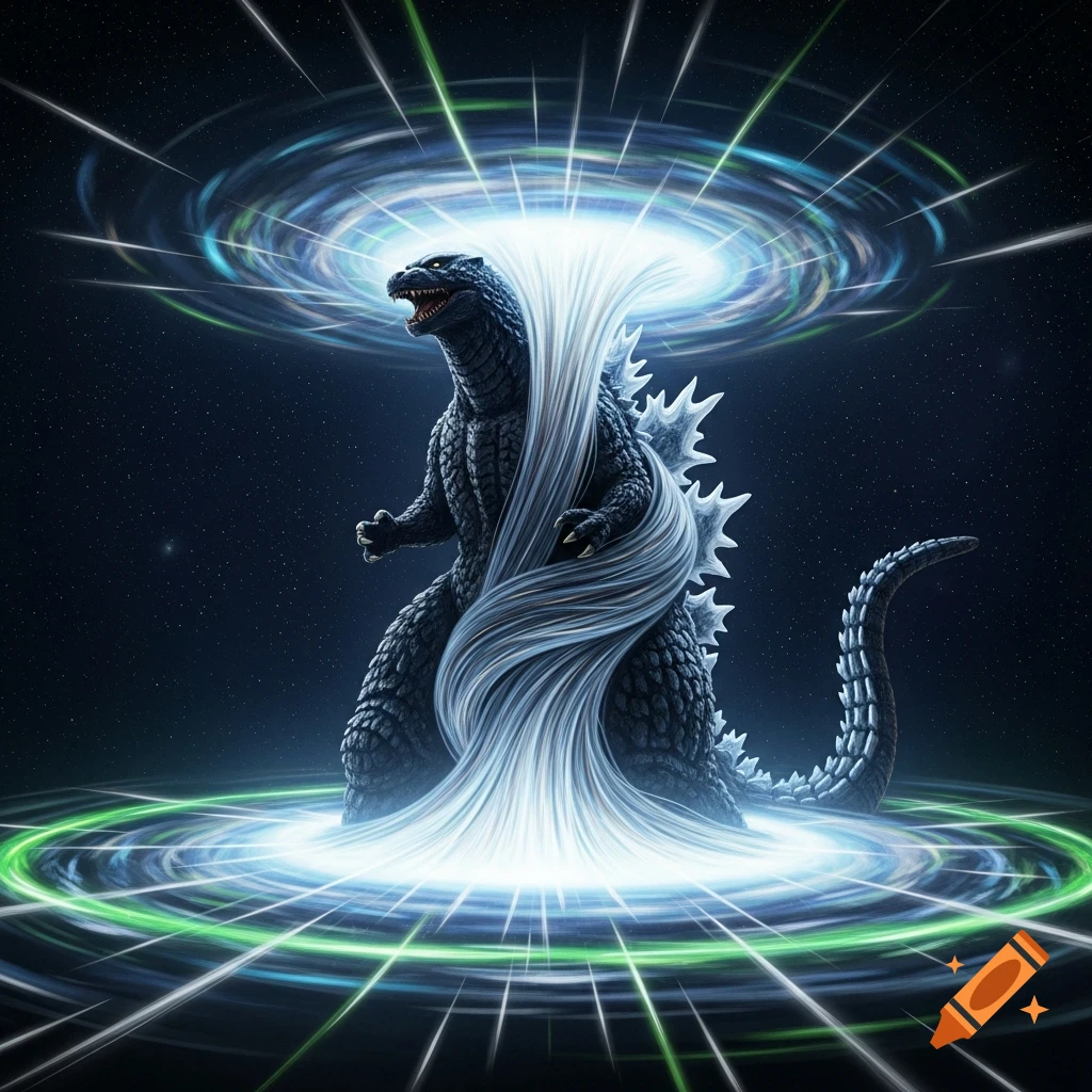 Godzilla, standing in space, is caught in a powerful white energy vortex, surrounded by green and blue swirling rings.