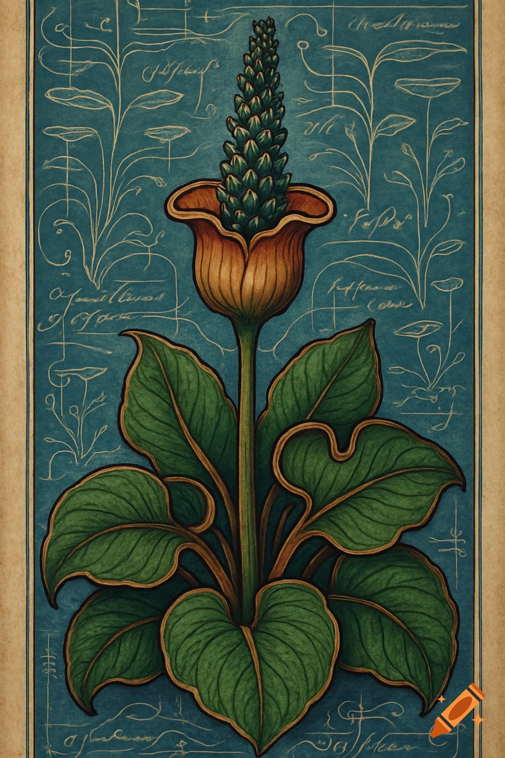 Nineteenth-century style botanical codex illustration of an aquatic plant with a conical bloom and large leaves, set against a teal blueprint background with decorative white lines and illegible script, framed by parchment-colored borders.