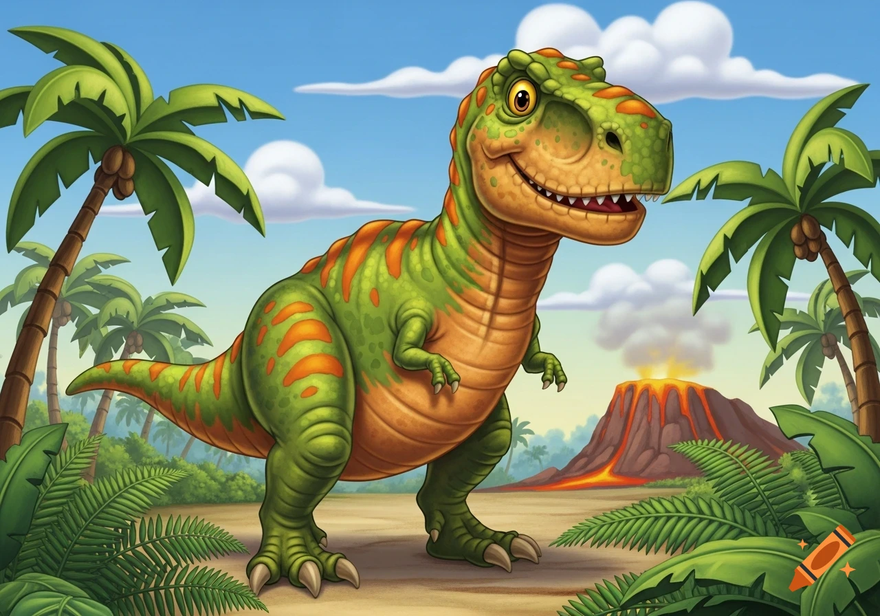 A friendly green and orange cartoon T-Rex stands in a prehistoric landscape with palm trees and an erupting volcano.