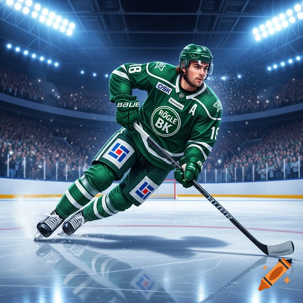 A photorealistic hockey player in a green uniform with 'RÖGLE BK' logo skates on ice in a brightly lit arena.