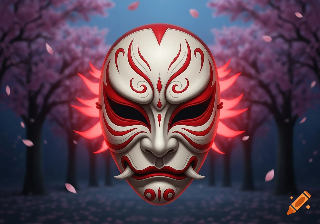 A stylized white and red Japanese mask with glowing red accents, set against a dark background of pink cherry blossom trees and falling petals.
