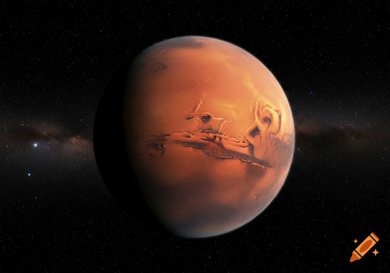 A photorealistic depiction of the red planet Mars in space, showing its detailed surface and atmospheric features against a starfield.