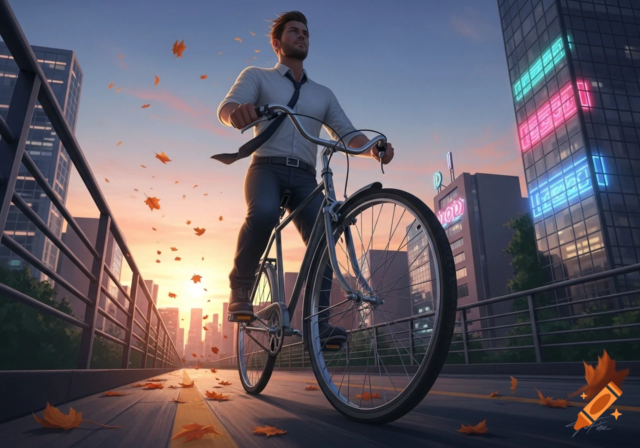 A man in a shirt and tie rides a bicycle across a bridge at sunset, with autumn leaves falling and city buildings in the background.