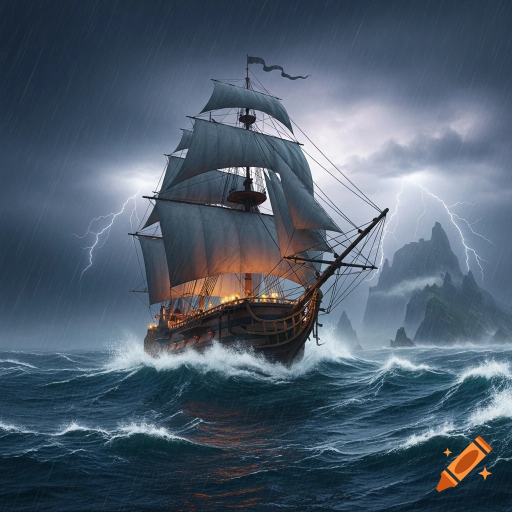 A dramatic sailing ship navigates a stormy sea with crashing waves, heavy rain, and lightning illuminating jagged islands.