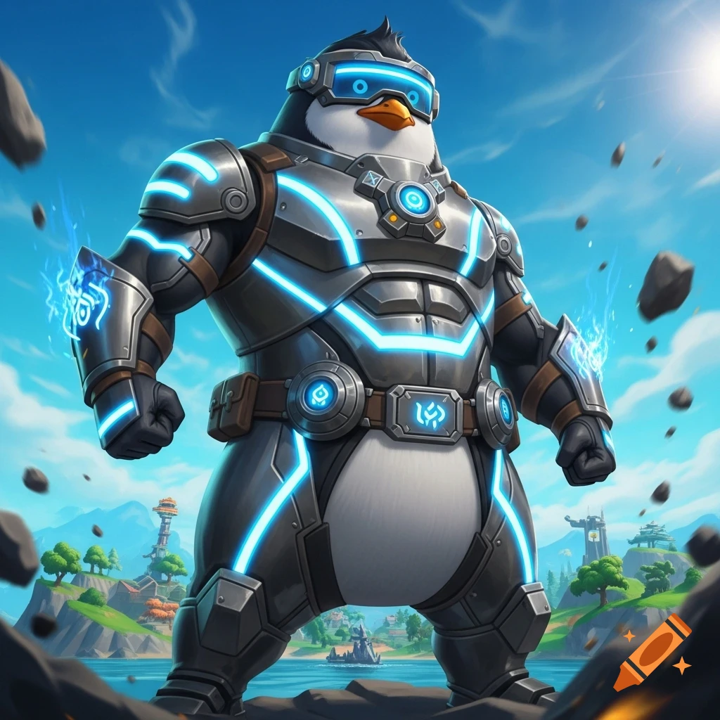 Muscular penguin in glowing futuristic armor standing in a vibrant Fortnite-style landscape with floating rocks.