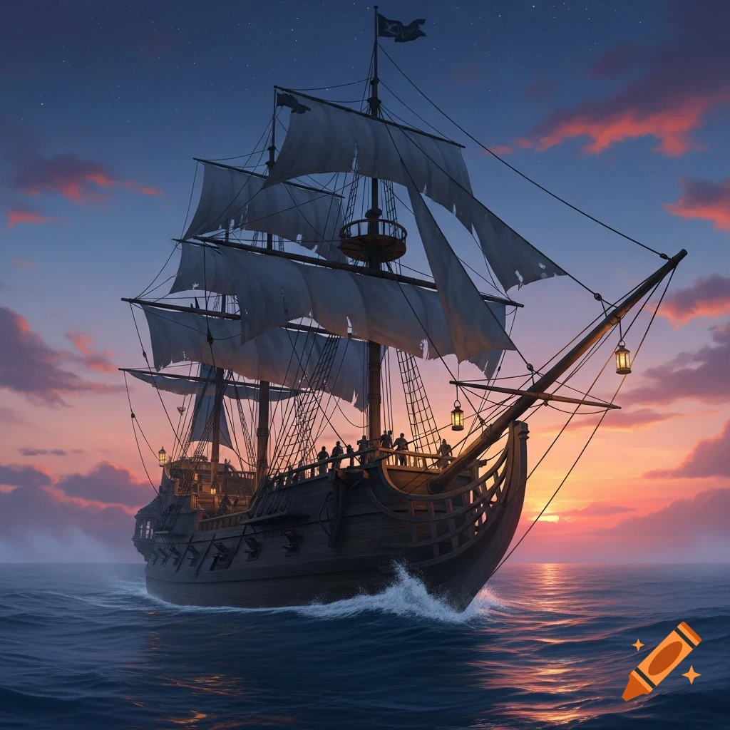 A dark pirate ship with tattered sails sails on a choppy ocean at sunset, under a starry sky.