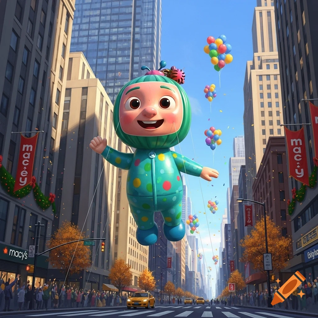 A large Cocomelon JJ balloon floats down a city street lined with tall buildings and crowds, with colorful balloons in the sky, in a photorealistic style.
