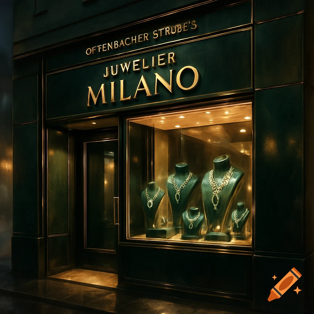 A luxurious green and gold jewelry store storefront with gold lettering reading "OFFENBACHER STRUBE'S JUWELIER MILANO" above a display window featuring necklaces on mannequins.
