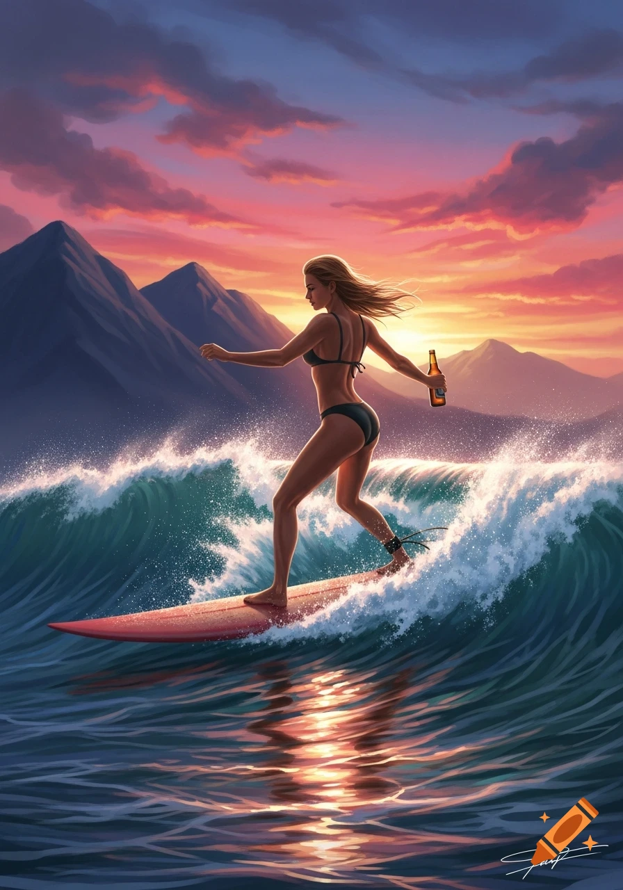 An illustrated woman with blonde hair surfs a teal wave, holding a beer bottle, against a backdrop of mountains and a vibrant pink and orange sunset.