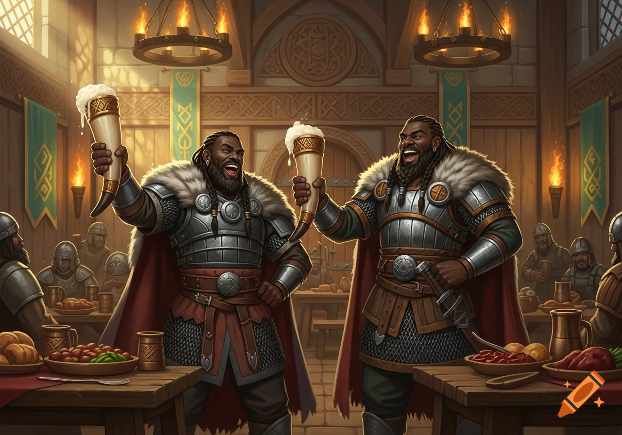 Two laughing Black Vikings in armor raise drinking horns in a lively mead hall with other warriors, in an illustrative style.