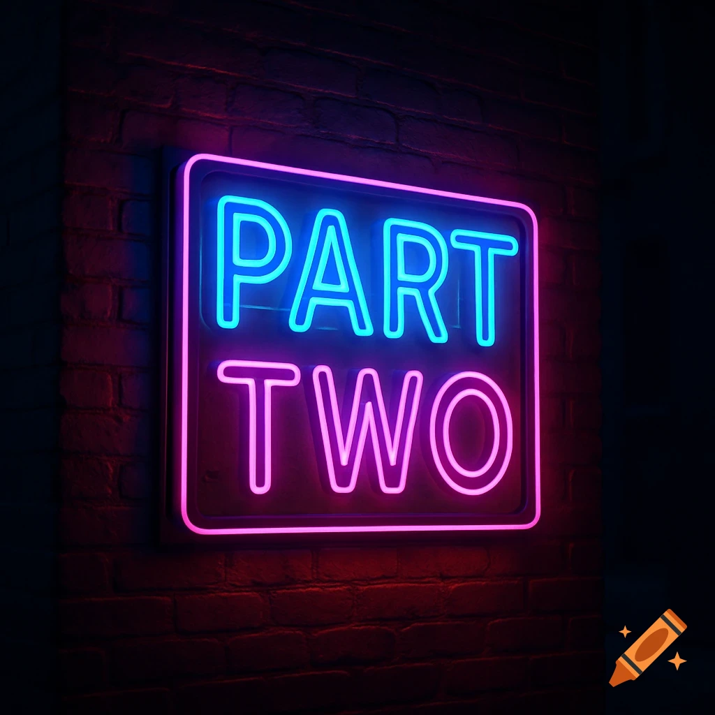 A glowing blue and pink neon sign reads "PART TWO" on a dark brick wall.