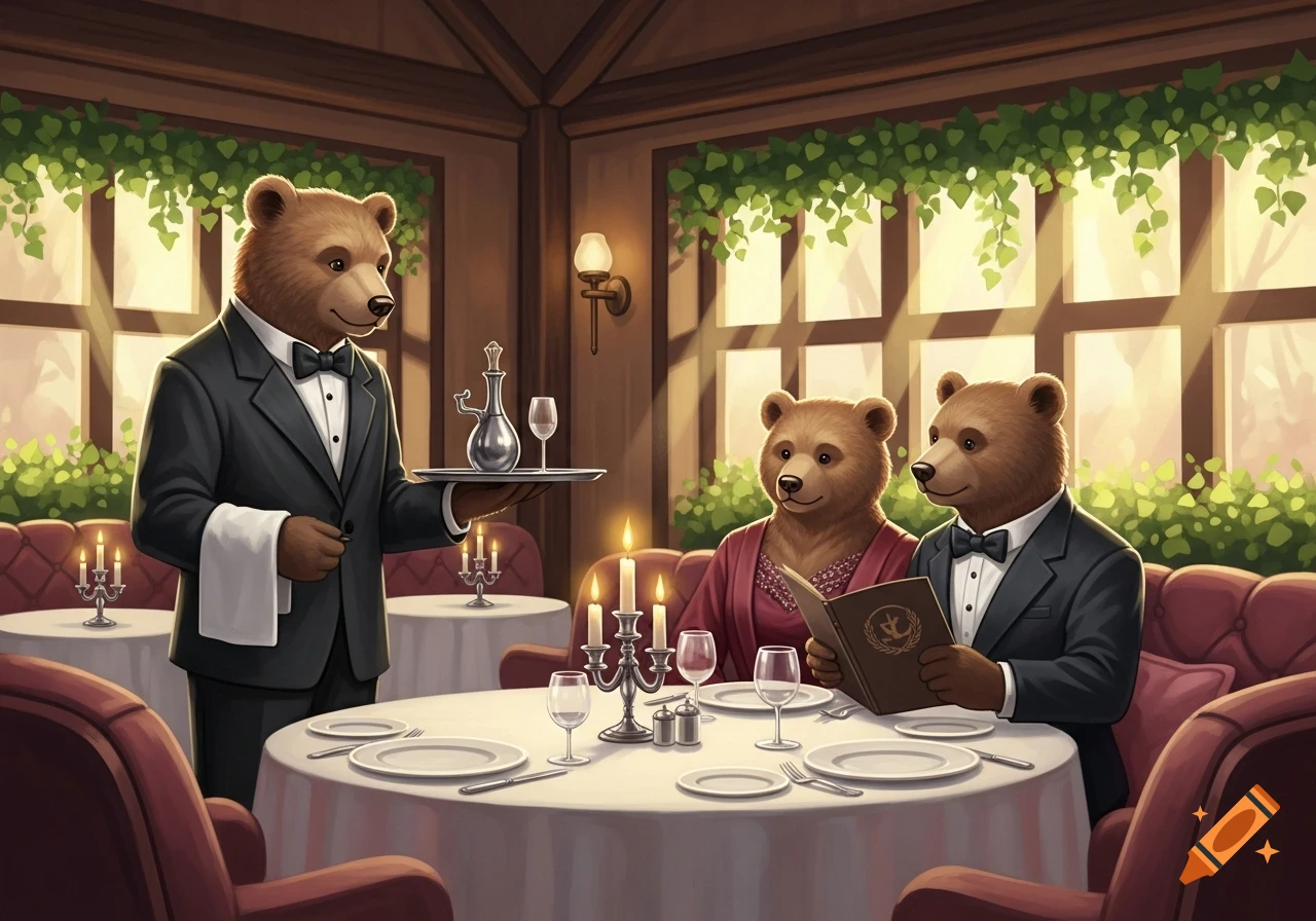 An illustration of an anthropomorphic bear waiter serving a bear couple dining in an elegant restaurant.