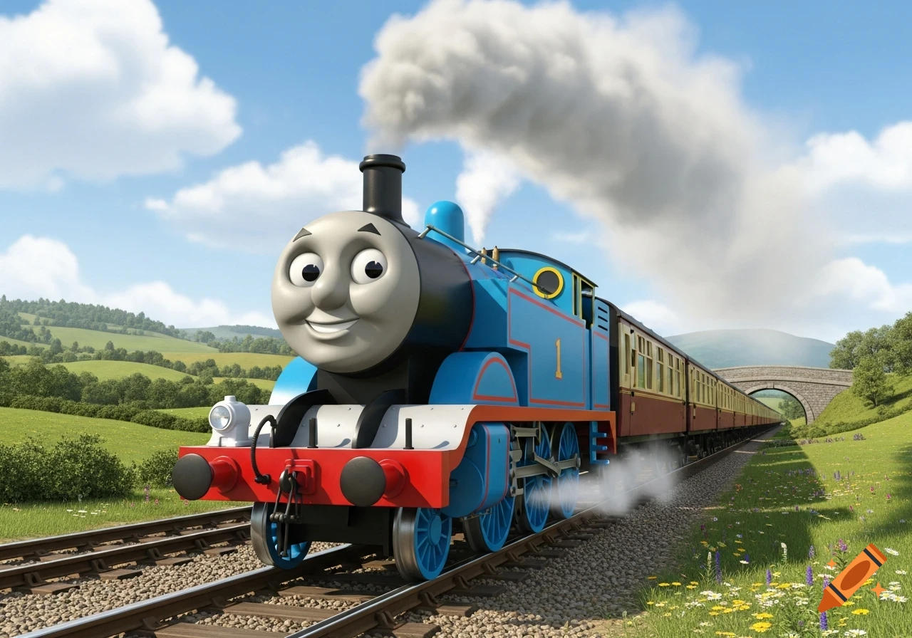 Thomas the Tank Engine smiling, pulling passenger cars on a track through a green, hilly landscape with a bridge under a blue sky.
