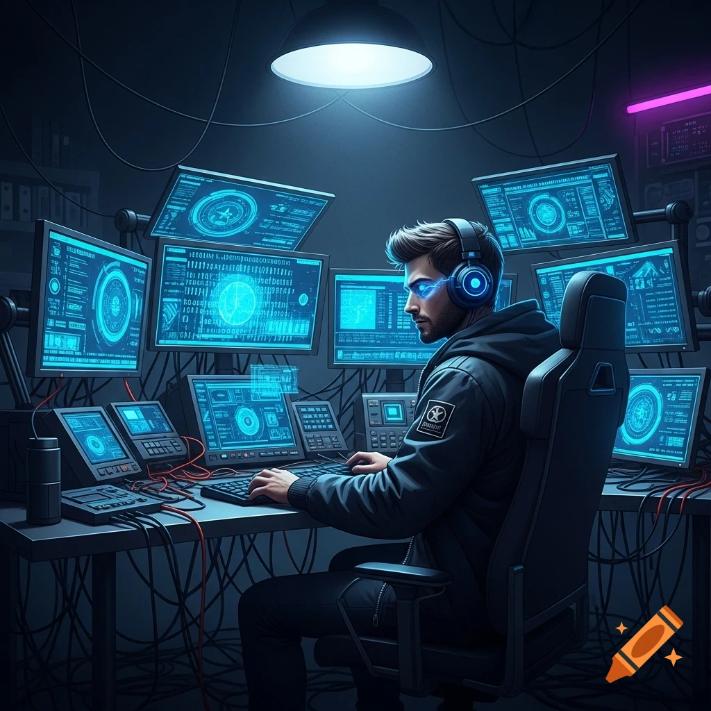 A man with glowing blue eyes and headphones sits at a desk surrounded by multiple monitors displaying blue digital data and many wires in a dark, futuristic room.