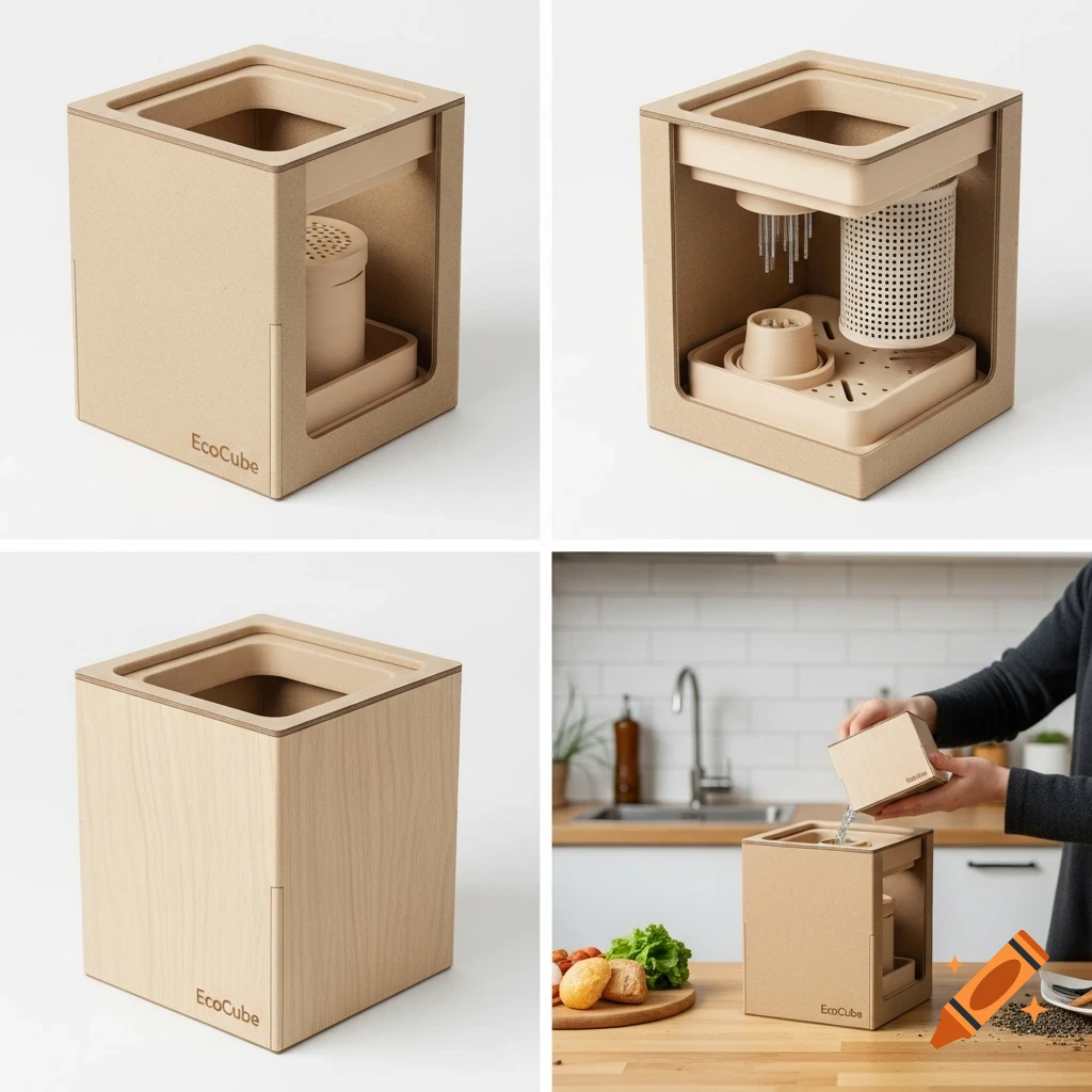 A collage of four photorealistic images showing a minimalist EcoCube compost kit in natural wood and beige, including close-ups and a kitchen use scene.