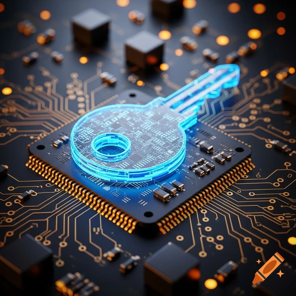A glowing blue circuit key embedded in a dark electronic circuit board with orange lights, in a futuristic style.