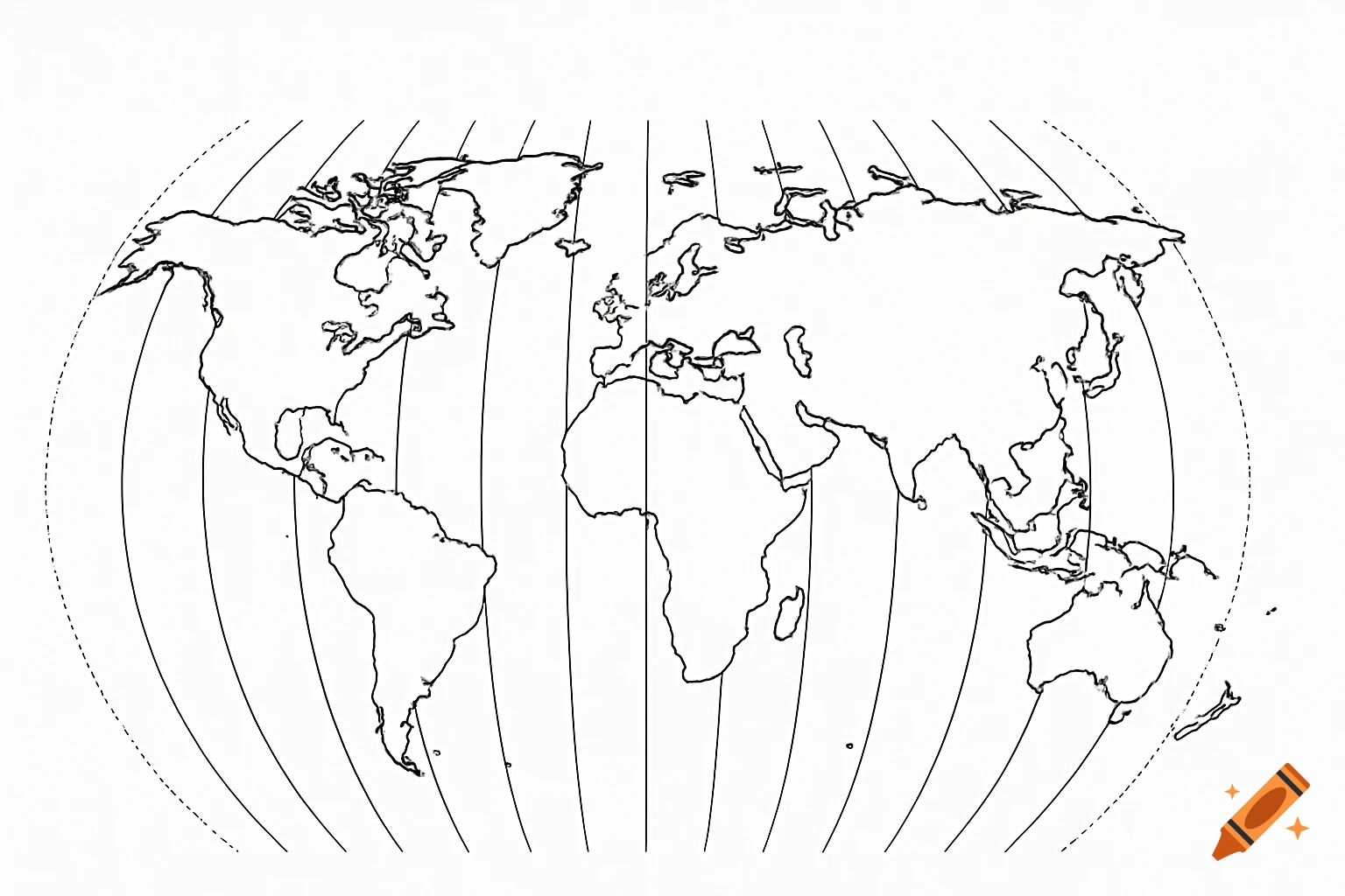 A black and white outline world map with continents, time zone lines, and dashed lines for the International Date Line.