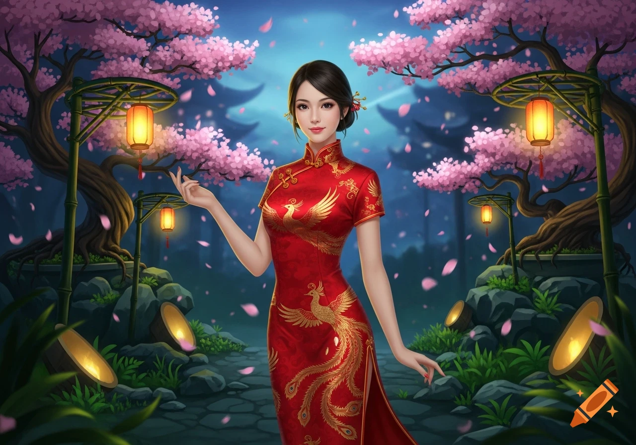Digital painting of a woman in a red qipao with golden phoenix embroidery, standing in a moonlit garden with pink cherry blossoms and glowing lanterns.