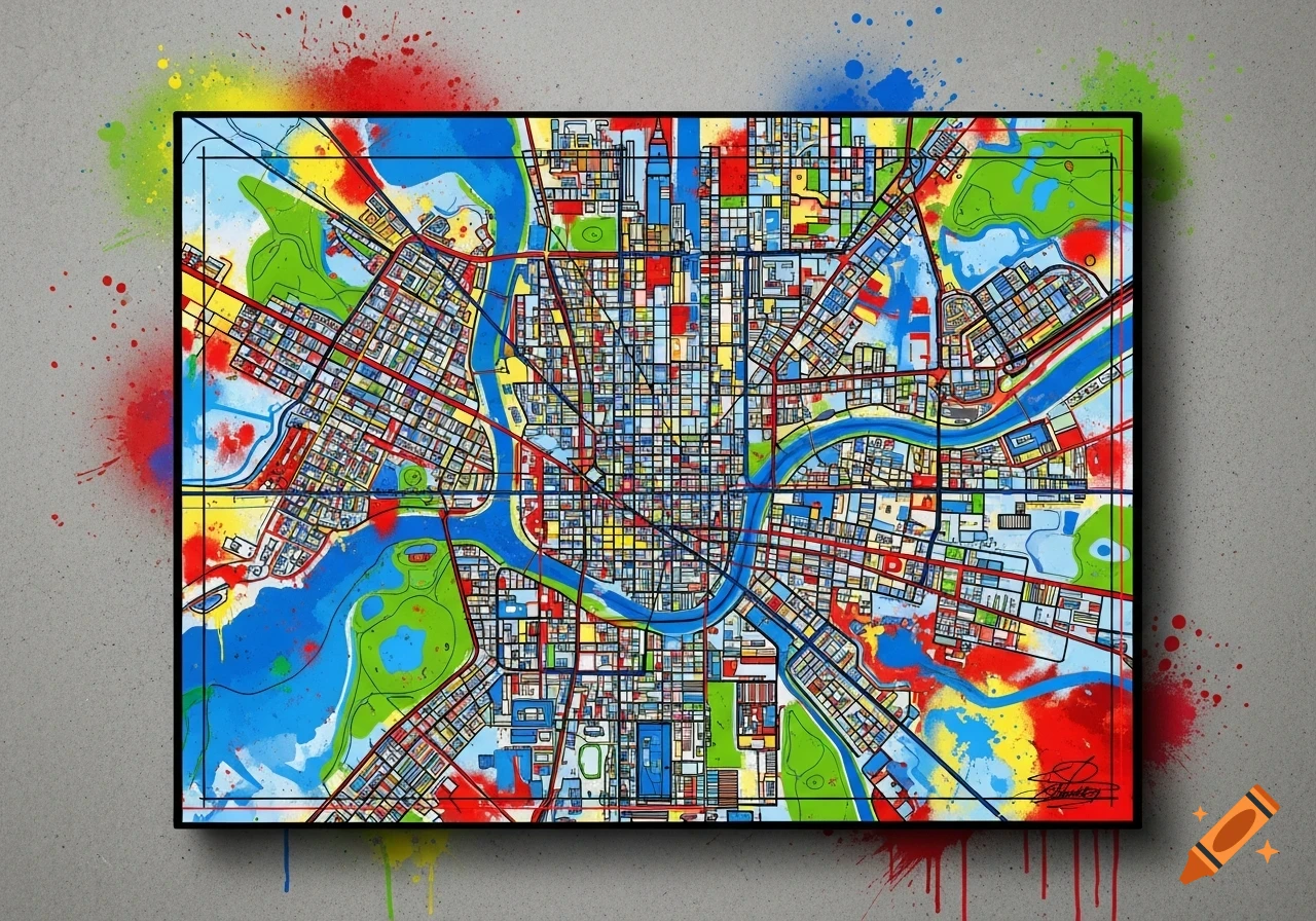 A vibrant, schematic city map rendered with a colorful spray paint aesthetic, featuring a river winding through blocks and parks.