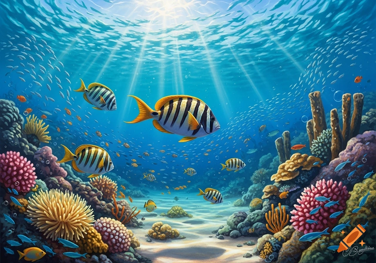 Vibrant underwater illustration of a coral reef with diverse fish swimming through sunlit blue water.
