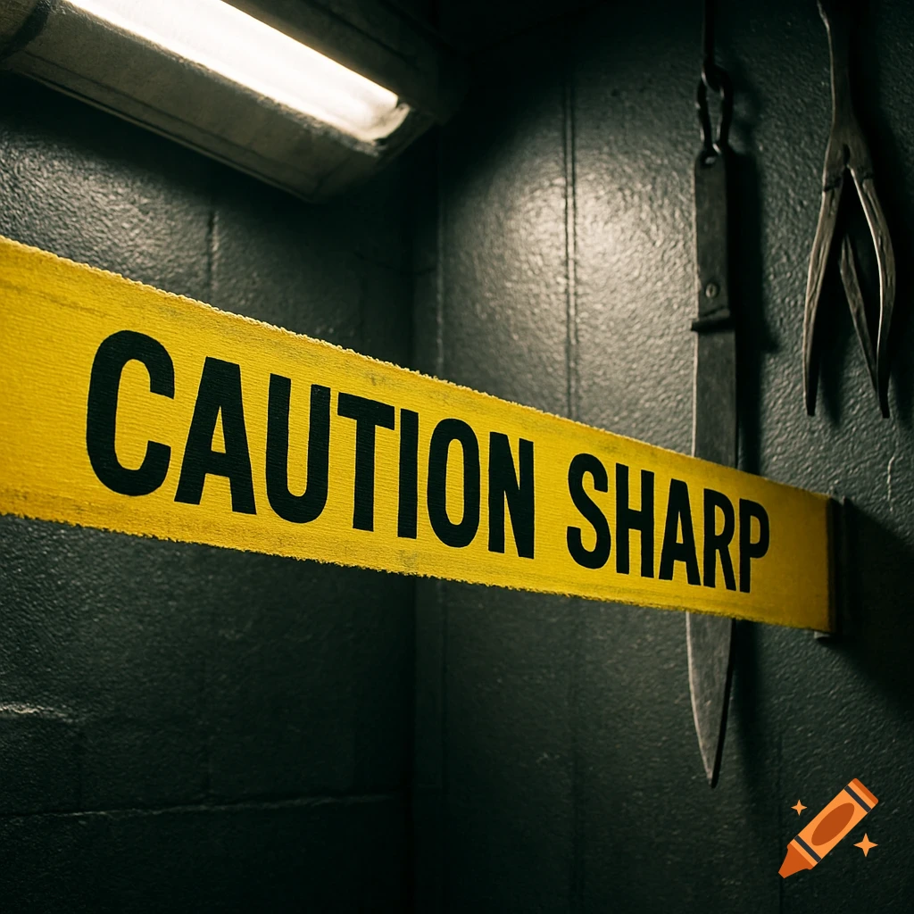 Yellow 'CAUTION SHARP' tape stretches across a dark, textured wall with a knife and pliers hanging in the background, dimly lit.