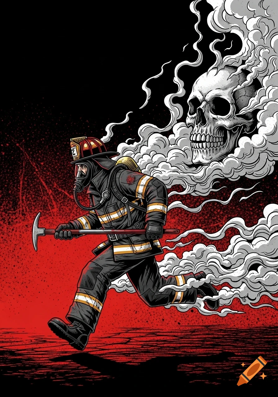 A firefighter running with a Halligan tool, smoke behind forms a skull. Red, black, and white Trash Polka style illustration.
