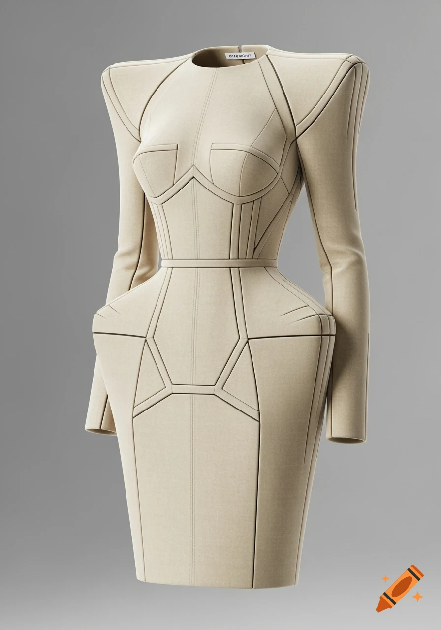 A light beige structured couture dress with strong shoulders and geometric paneling on a grey background.