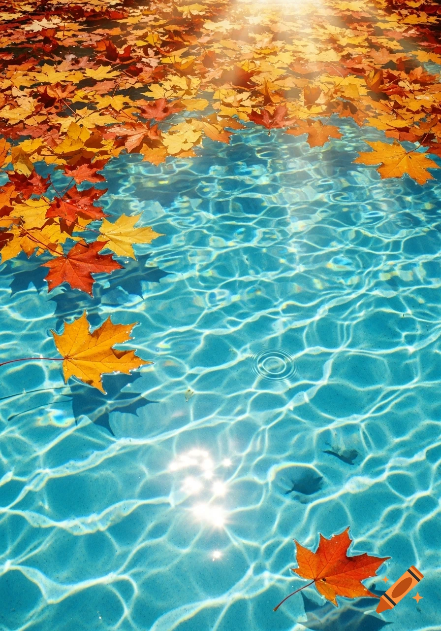 Bright orange and yellow maple leaves float on the shimmering blue water of a swimming pool, reflecting sunlight.