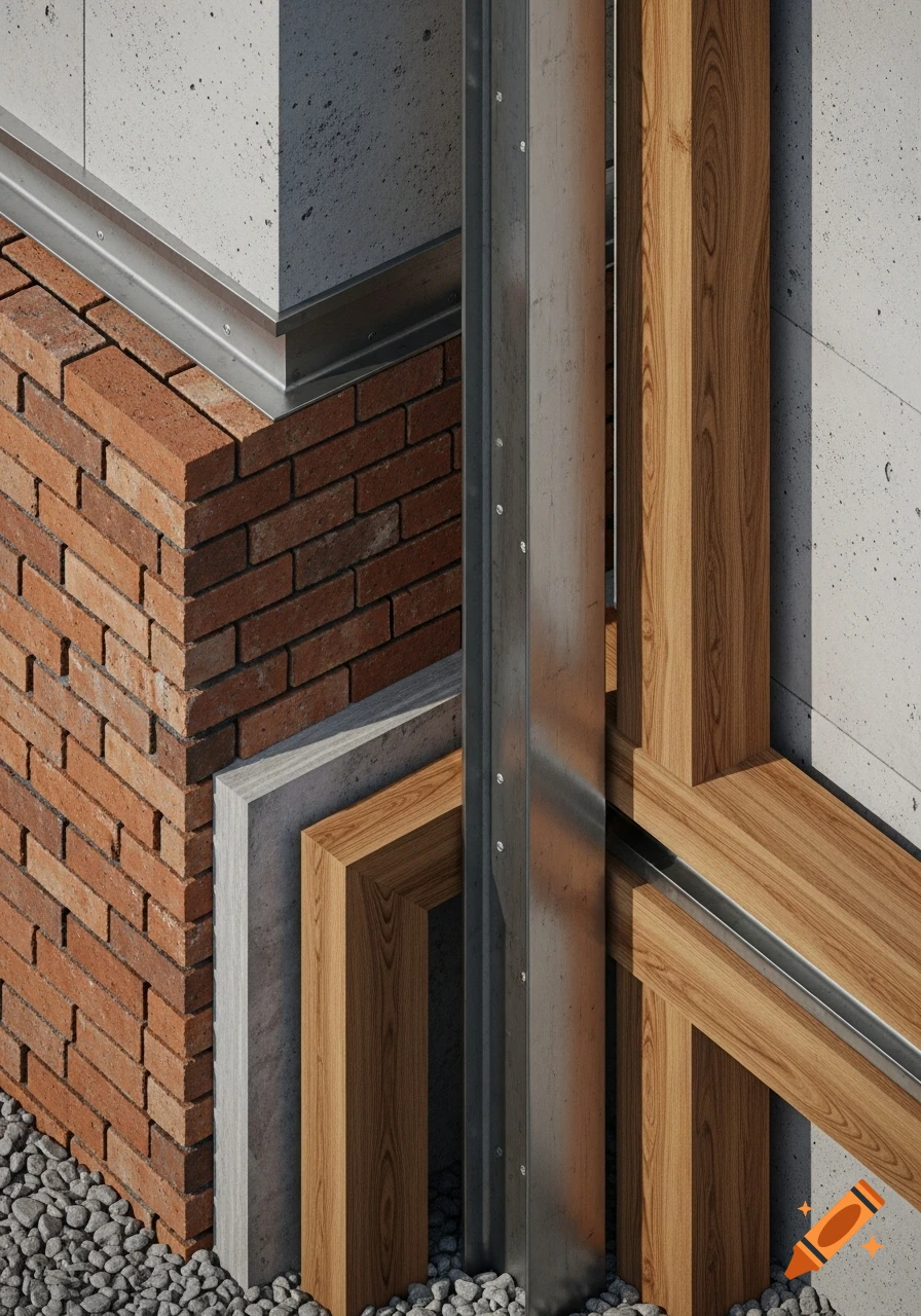 Close-up architectural detail showing layers of brick, concrete, light wood, and a metal beam with gravel at the base.
