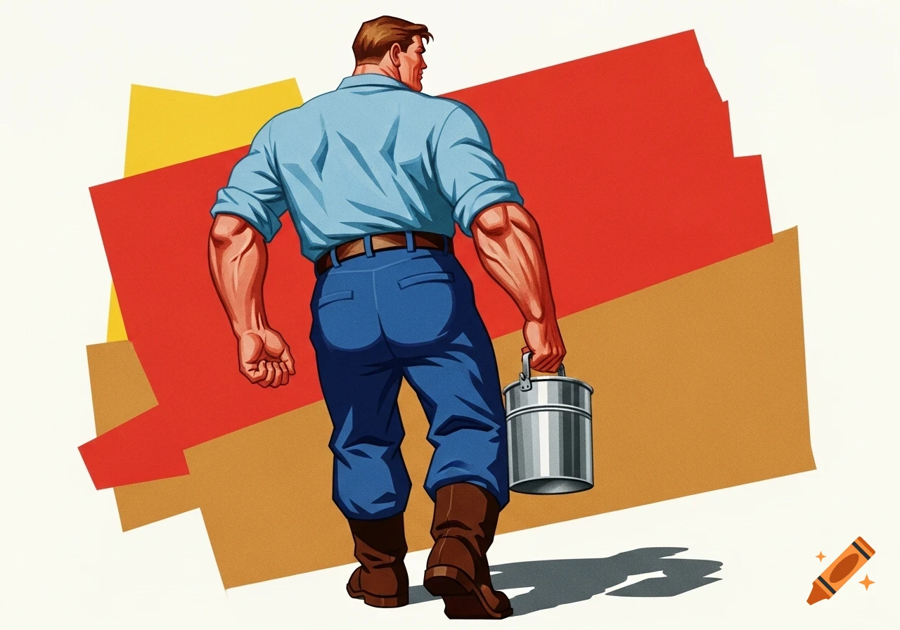 Muscular man, seen from behind, in a blue shirt and jeans, carrying a metal lunch pail. Rendered in a 1960s Soviet propaganda illustration style.