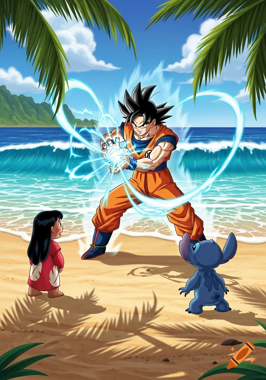 Goku performs a Kamehameha surrounded by blue energy as Lilo and Stitch watch on a sunny beach with palm trees and ocean waves.