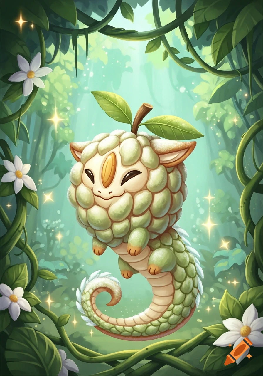 A cute, light green, bumpy dragon creature with a fruit stem on its head, in a sparkling jungle with vines and white flowers.