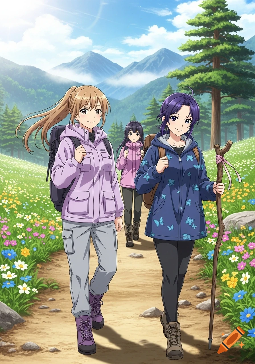 Three anime girls in hiking gear walk on a path through a mountain meadow filled with wildflowers under a sunny sky.