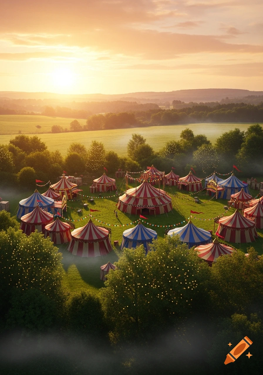 A vibrant circus with red and blue striped tents set in a green field, surrounded by trees under an orange sunrise.
