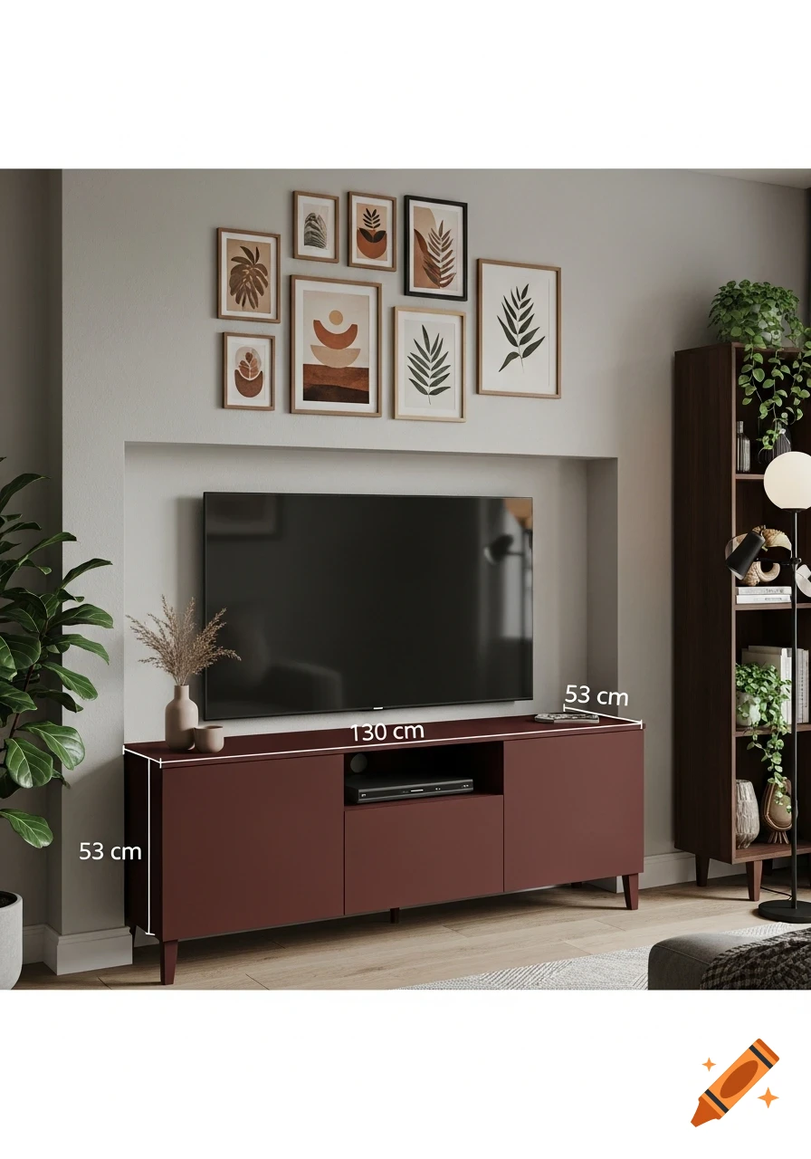 Modern living room corner with a bordeaux TV stand, flat-screen TV, gallery wall with abstract and plant art, large green plant, and dark wood bookshelf with plants.