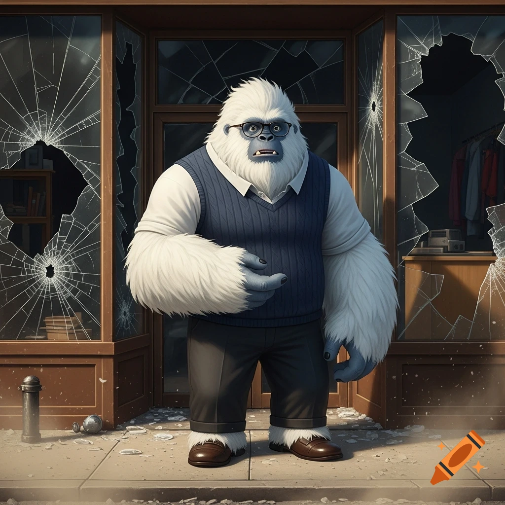 A white yeti in glasses and a sweater vest stands bewildered in front of a shop with shattered windows, gesturing in denial.