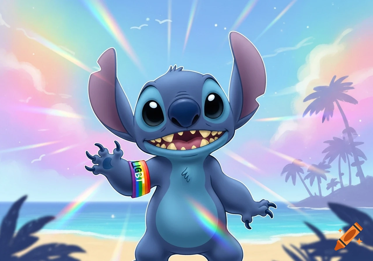 Cartoon Stitch wearing a rainbow 'LIGBT' bracelet on a tropical beach.