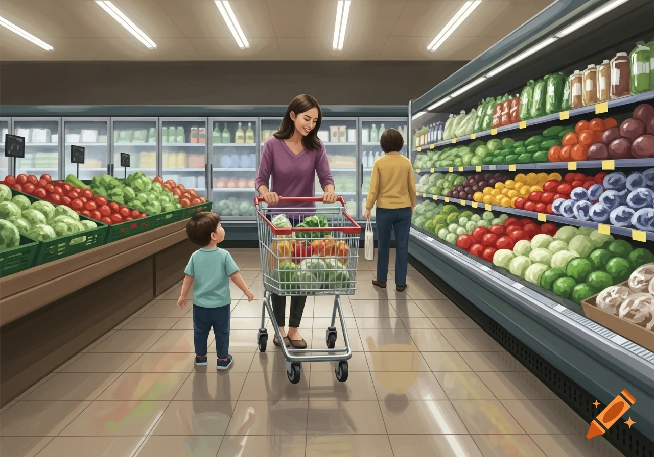 An illustration of a mother pushing a grocery cart with her child in a colorful produce aisle.