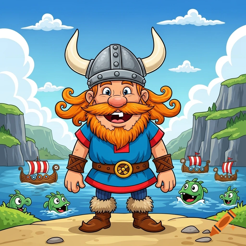 A happy cartoon Viking with a red beard and horned helmet stands on a beach, with Viking ships and smiling green sea monsters in a fjord background.