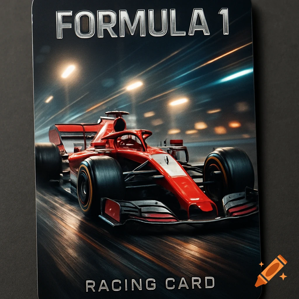 A red Formula 1 racing car speeds on a track at night, depicted on a dark card with 'FORMULA 1' and 'RACING CARD' text.