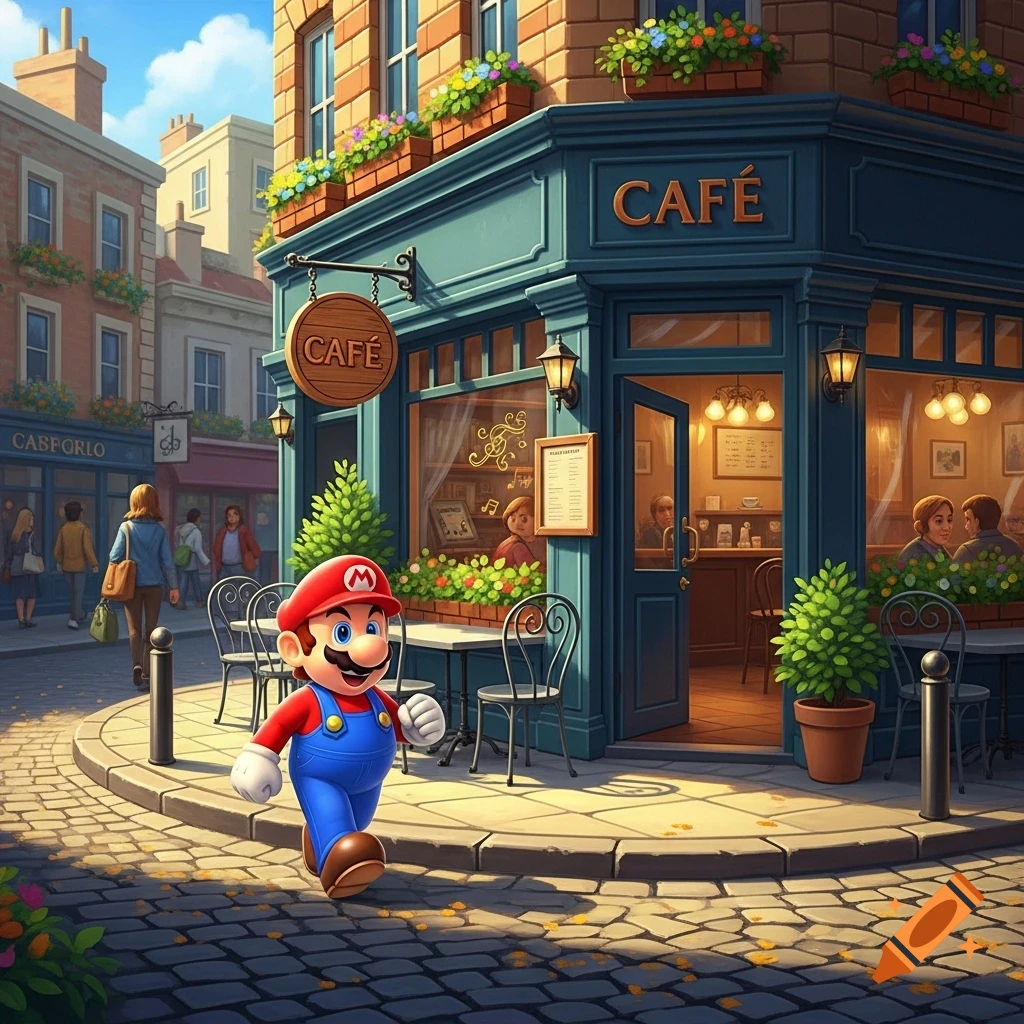 Mario walks on a cobblestone street past a charming cafe with "CAF É" signs, in a bright, illustrative style.