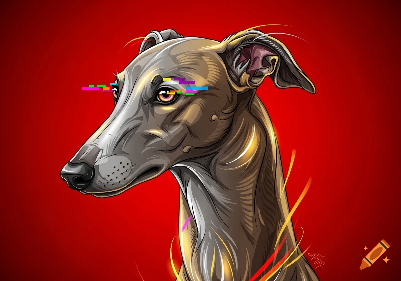 A stylized greyhound with glitch art effects over its eyes, depicted against a solid red background.