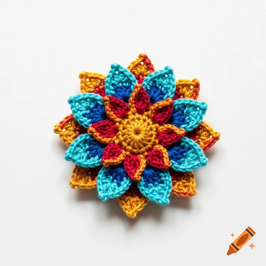 A vibrant crocheted flower, with petals in turquoise, blue, red, and golden yarn, displayed on a clean white background.
